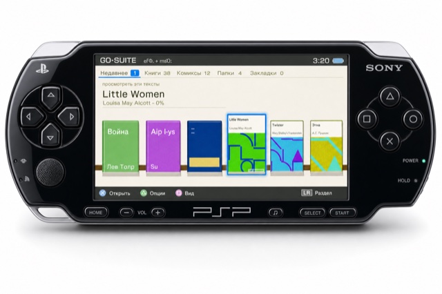 AAhead Reader running on a black Sony PSP-1000: the library shelf of book covers on the 480x272 screen.